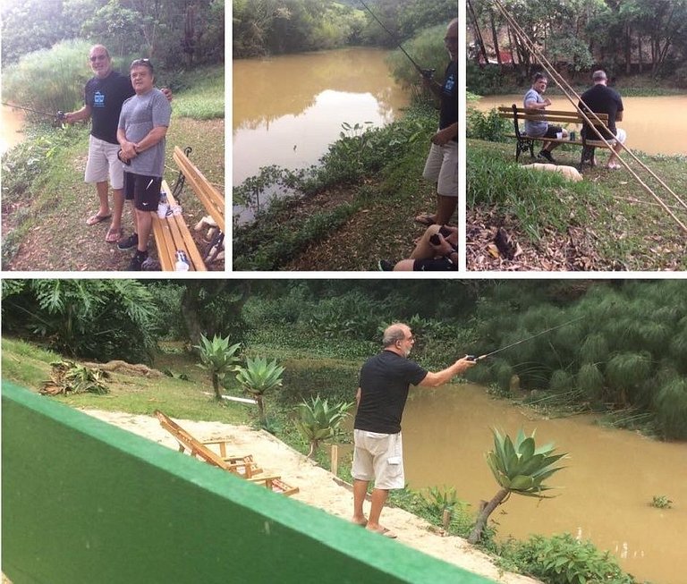 Casa com churrasqueira no jardim, bem perto da piscina